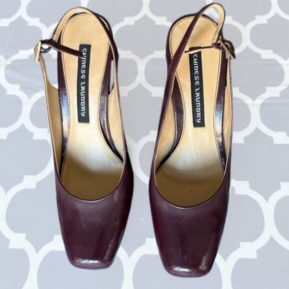 Chinese Laundry Burgundy Patent Slingback Heels | Size 8 | Square Toe - Picture 3 of 9